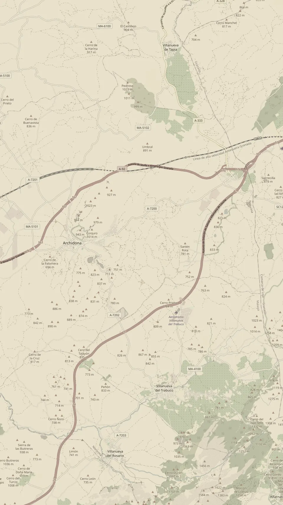 Mapa de la zona de trabajo, con carreteras y relieve: Archidona, Villanueva de Tapia, Villanueva del Trabuco y Villanueva del Rosario